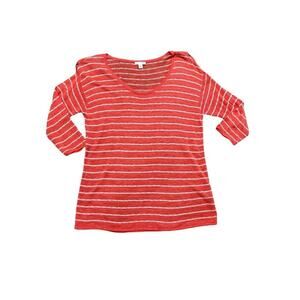 J. Jill women Orange White Striped blouse 3/4 Sleeve v neck linen sz S